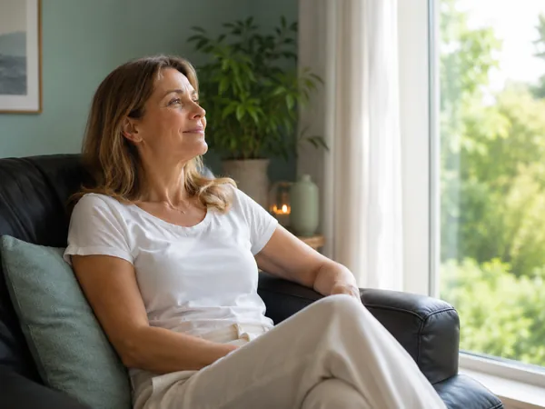 Femme apaisée devant une fenêtre après une séance d’hypnose spirituelle régressive
