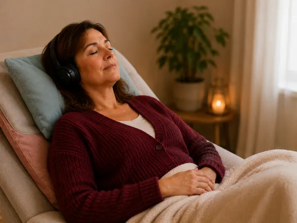 Femme allongée avec un casque audio pendant une séance d’hypnose spirituelle en visio
