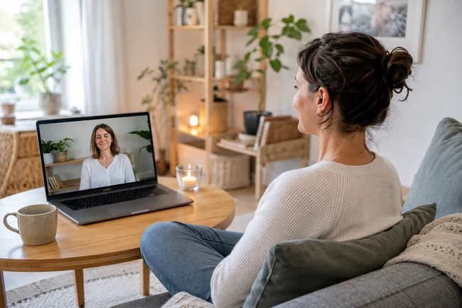 Femme suivant une séance d’hypnose en ligne en visio depuis son salon
